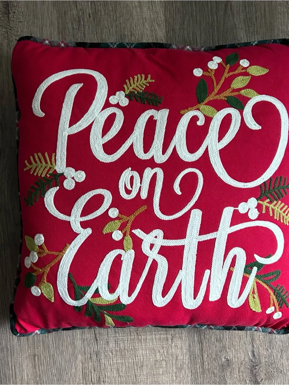 Vintage Embroidered Red Holiday Throw Pillow Peace on Earth